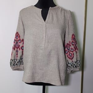 New York Clothing Company Beige Blouse with Red and Blue Embroidery Notched Neck